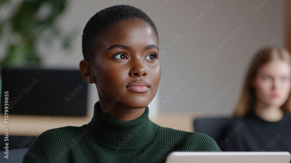focused young woman with short hair in green sweater, sitting in office environment, engaged in meeting or discussion. Her expression reflects concentration and determination focused young woman with short hair in green sweater, sitting in office environment, engaged in meeting or discussion. Her expression reflects concentration and determination