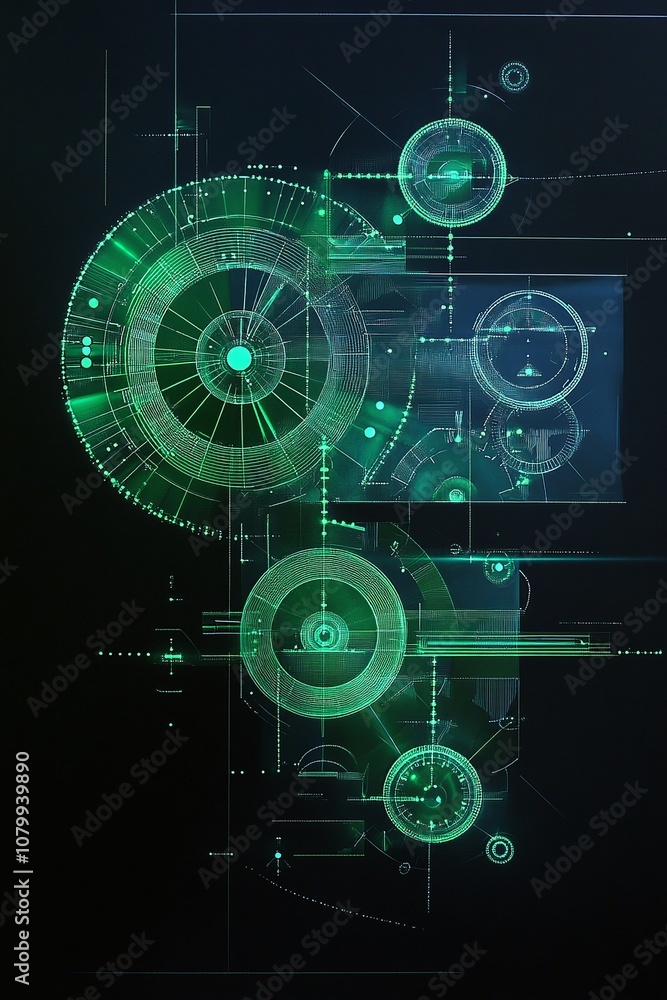 Obraz premium Abstract Green Technology Background with Circular Patterns and Geometric Designs Ideal for Innovation and Digital Concepts in Graphic Design