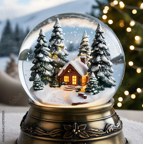 A beautifully crafted realistic clipart showcasing a delicate glass snow globe filled with a charming Christmas scene. A beautifully crafted snow globe featuring a cozy winter scene with snow-covered 