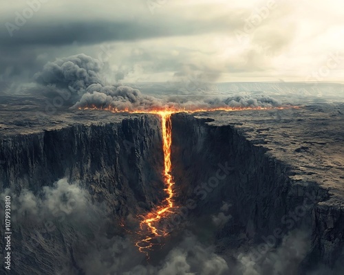 Cataclysmic Tectonic Rift with Molten Lava and Smoke Across Dramatic Landscape photo