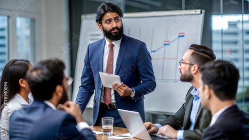 An Indian executive presenting a new business plan during a boardroom meeting. 