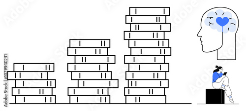 Stacked books symbolizing growth in stages, human brain with heart icon, person reading. Ideal for education, learning, personal growth, self-improvement, mental health motivation inspiration. Line