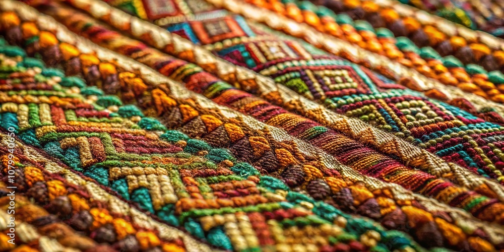 A Close-Up of a Vibrant, Multicolored Woven Fabric With Geometric Patterns in Tones of Orange, Green, Red, Brown, and Blue A Close-Up of a Vibrant, Multicolored Woven Fabric With Geometric Patterns in Tones of Orange, Green, Red, Brown, and Blue