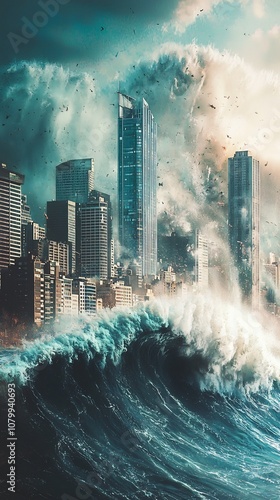 Colossal Tidal Wave Engulfs Futuristic Coastal Metropolis Showcasing Nature s Immense Power photo