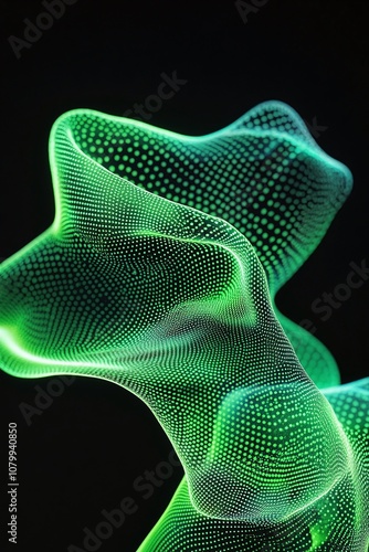 Abstract green wave with flowing forms and dotted patterns against a black background, showcasing the interplay of light and color in a digital art piece.