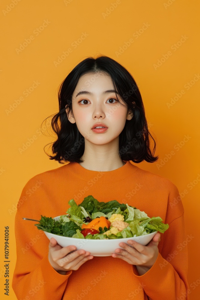 Woman in orange sweater holding a fresh salad bowl Woman in orange sweater holding a fresh salad bowl