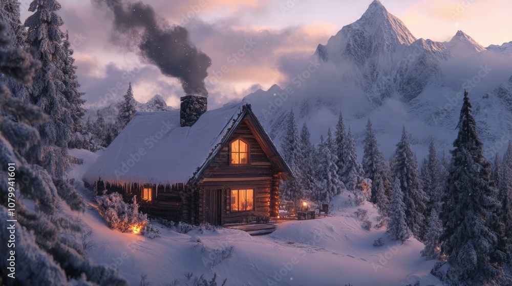 A cozy wooden cabin in the mountains, covered in snow, smoke rising from the chimney, surrounded by pine trees, warm light glowing from the windows A cozy wooden cabin in the mountains, covered in snow, smoke rising from the chimney, surrounded by pine trees, warm light glowing from the windows
