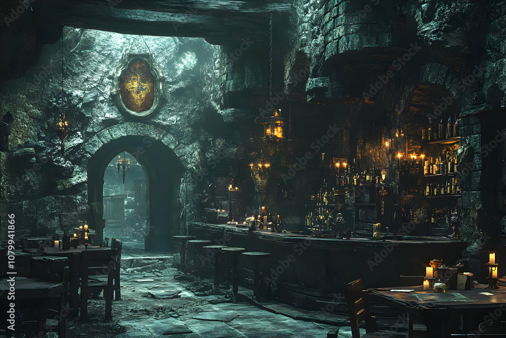 Illustration - Dark Medieval Tavern Fantasy Setting, Candlelit Ambiance Illustration - Dark Medieval Tavern Fantasy Setting, Candlelit Ambiance