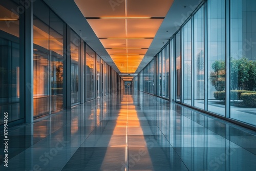 Modern office hallway with glass walls and a view of the sunset.