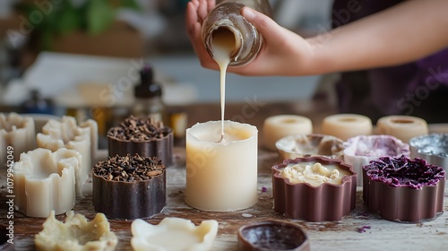 An inspiring candle-making station with various molds, wax, and essential oils, where a crafter is pouring wax into a mold to create a decorative candle.