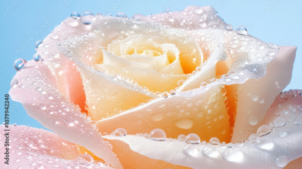 Close up rose beautiful glossy petals with dewdrop dreamy fashion pink orange blue romantic background. floral bloom blossom flora wild plants refreshing cosmetic spa salon wallpaper Close up rose beautiful glossy petals with dewdrop dreamy fashion pink orange blue romantic background. floral bloom blossom flora wild plants refreshing cosmetic spa salon wallpaper