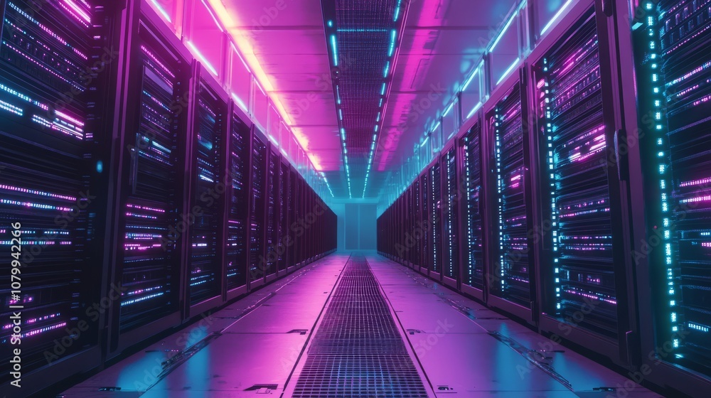 A cyberpunk-inspired server room with neon lights illuminating the racks, digital data streams visible as glowing lines flowing through the cables, futuristic vibe A cyberpunk-inspired server room with neon lights illuminating the racks, digital data streams visible as glowing lines flowing through the cables, futuristic vibe
