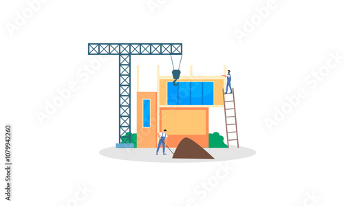 Building house process at construction site, work with floor plan illustration