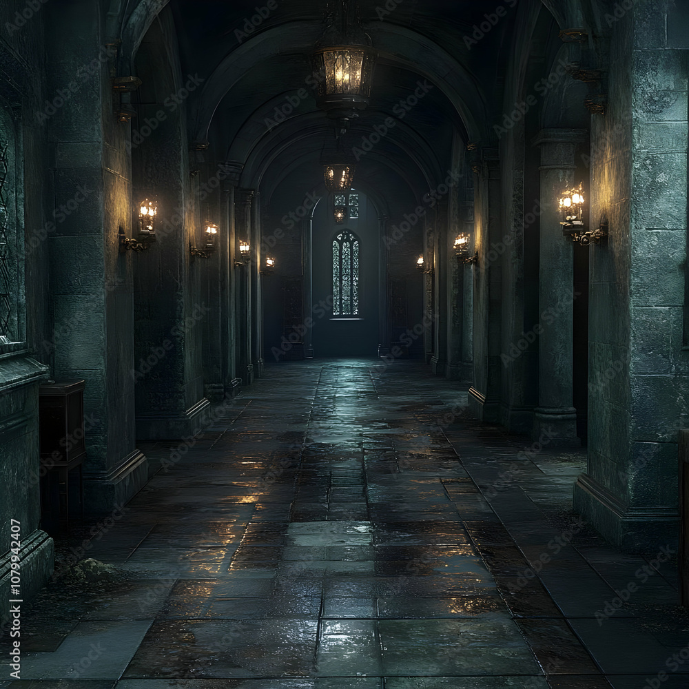 Dark Gothic Corridor Illustration - Gloomy Hallway, Stone Walls, Lanterns, Wet Floor, Window, Architecture Dark Gothic Corridor Illustration - Gloomy Hallway, Stone Walls, Lanterns, Wet Floor, Window, Architecture