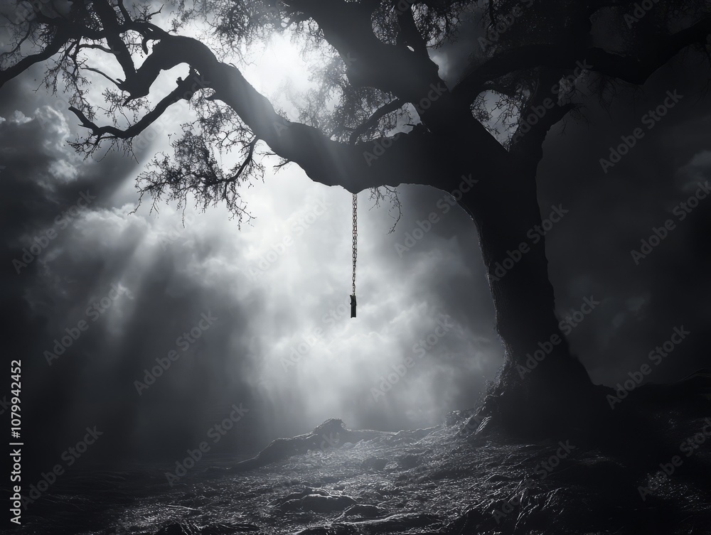 custom made wallpaper toronto digitalA dark, misty landscape with an old tree, ominously hanging shadows representing the lives lost to lynching, while a beam of light breaks through the clouds