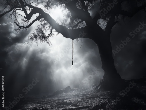 Wallpaper Mural A dark, misty landscape with an old tree, ominously hanging shadows representing the lives lost to lynching, while a beam of light breaks through the clouds Torontodigital.ca