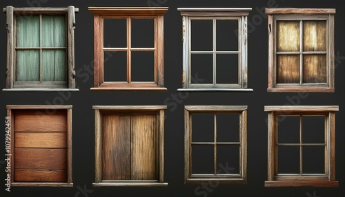 Set of Old Wooden Windows with Unique Vintage Frames - Isolated on Transparent Background