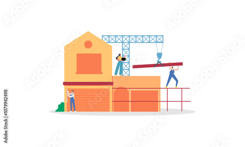 Building house process at construction site, work with floor plan illustration