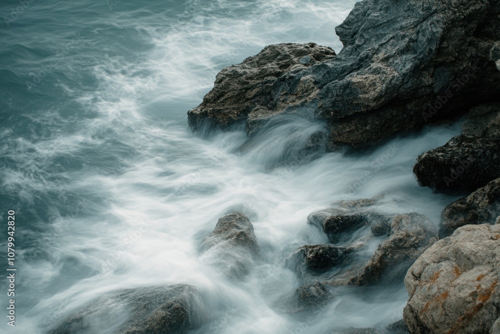 Ocean waves crashing against the rocky shore. Ocean waves crashing against the rocky shore.