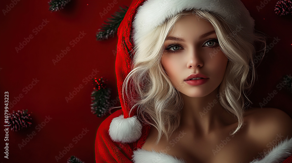 A beautiful woman in a Santa Claus outfit, with blonde hair, against a Christmas background A beautiful woman in a Santa Claus outfit, with blonde hair, against a Christmas background