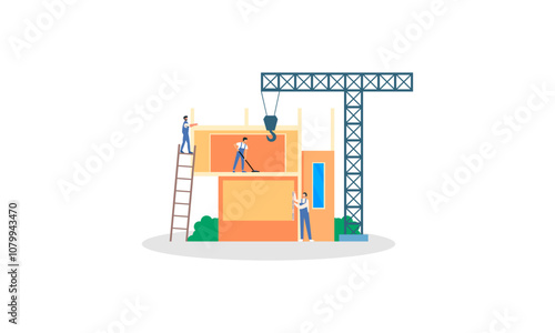 Building house process at construction site, work with floor plan illustration