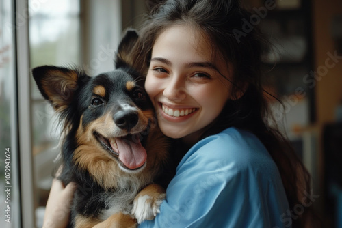 Woman cradling a dog in her arms, both looking content and relaxed. Palm trees in the background, suggesting a sunny day at a tropical beach. photo