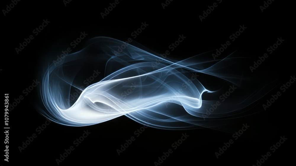 Fototapeta premium A delicate white smoke swirl capturing light, isolated on a black background,