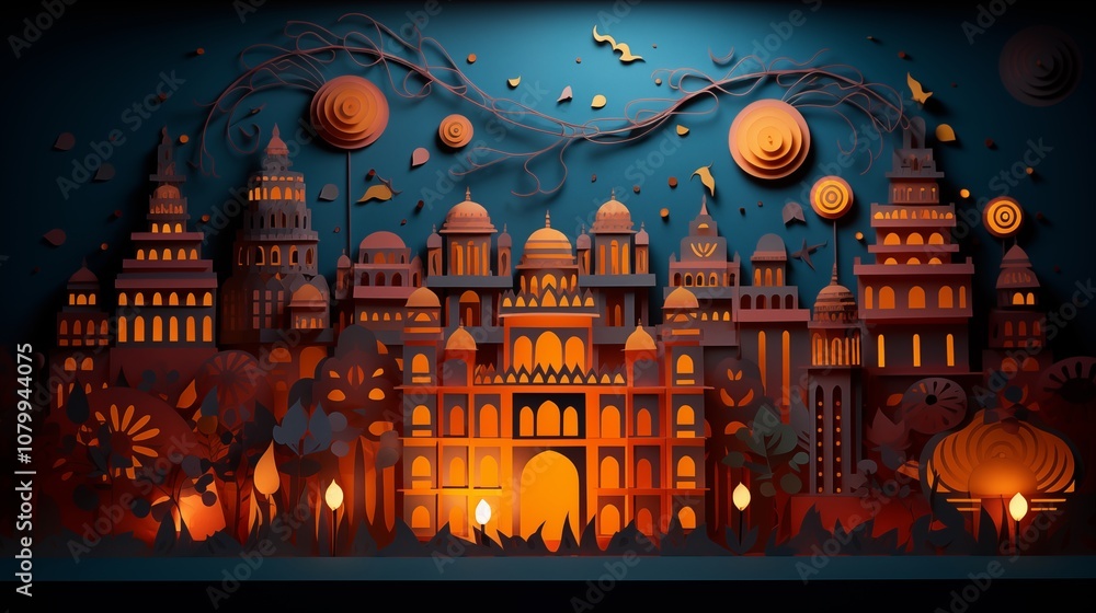Paper cut of a vibrant Diwali scene with lamps and fireworks,Generative ai illustration Paper cut of a vibrant Diwali scene with lamps and fireworks,Generative ai illustration