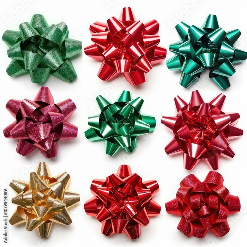 Christmas bows made of ribbons isolated on white, top view