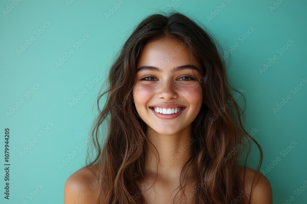 A smiling young woman with long hair against a teal background, radiating joy and positivity. A smiling young woman with long hair against a teal background, radiating joy and positivity.