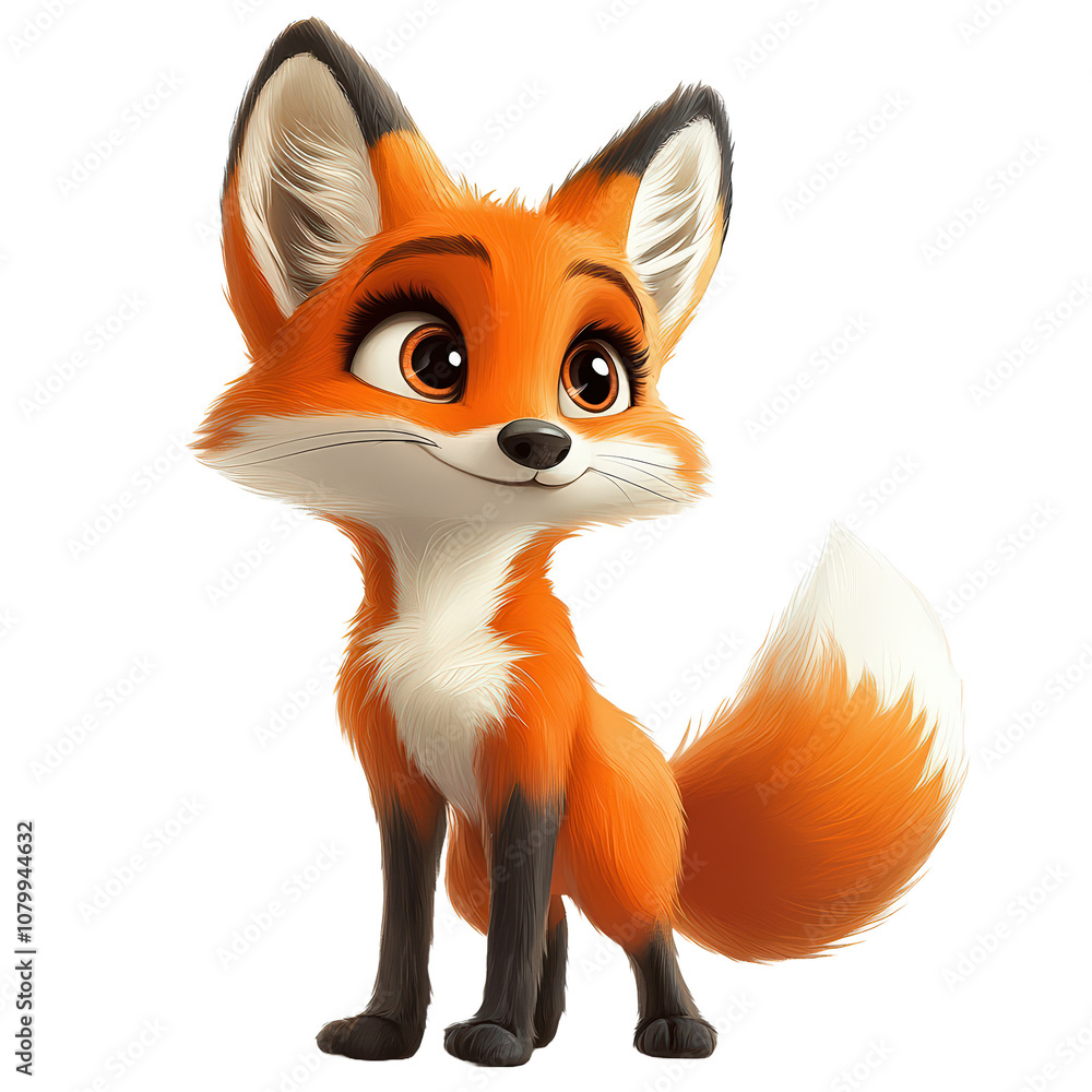 Fototapeta premium Cute cartoon fox standing with a bright orange color isolated on white background.