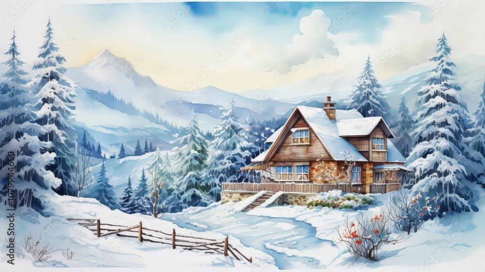 Fototapeta premium Watercolor illustration of a picturesque winter Christmas scene with a colorful house. Winter holiday New Year.