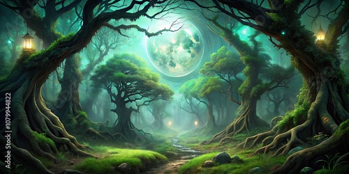 An Enchanting Woodland Path Under a Glowing Moon, Illuminated by Lanterns Hung From Ancient Trees