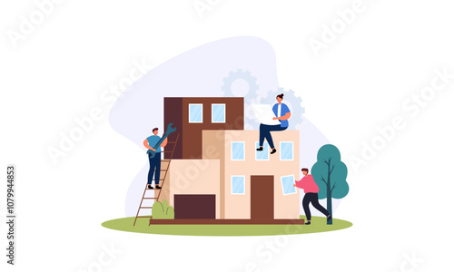 Building house process at construction site, work with floor plan illustration