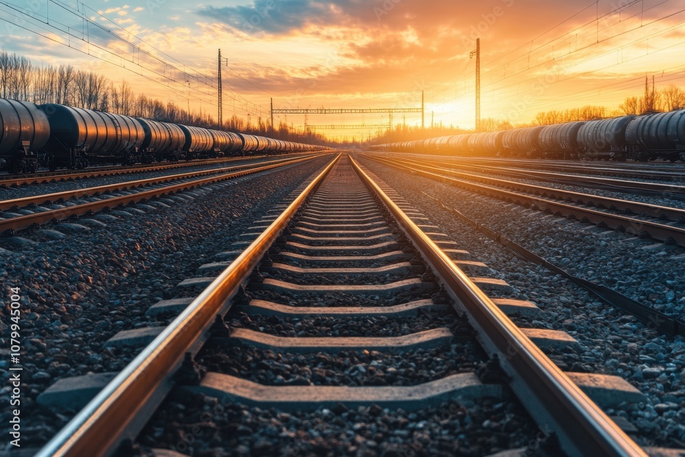 Railroad tracks extending towards a golden sunset. Railroad tracks extending towards a golden sunset.
