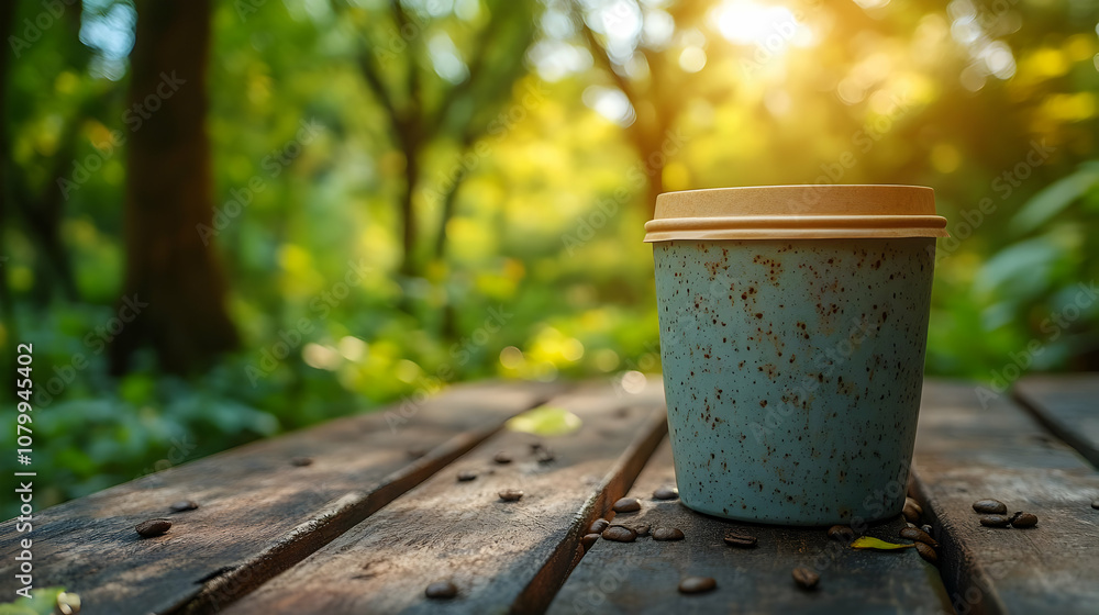 Fototapeta premium Blue Coffee Cup On Rustic Wooden Table With Scattered Coffee Beans Photo