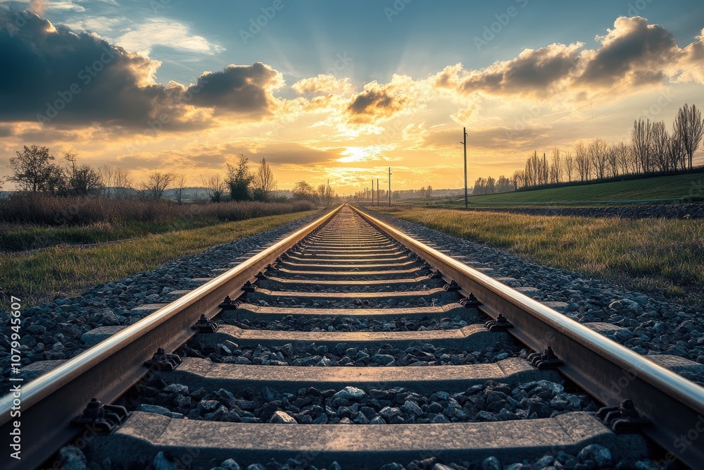 Obraz premium Railroad tracks leading to sunset with dramatic clouds.