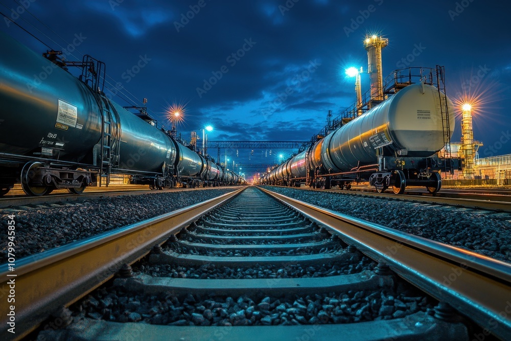 Naklejka premium Railroad tracks leading towards a line of tanker cars at dusk.