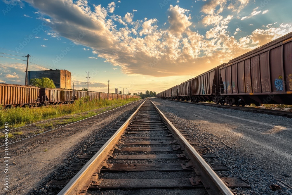 Obraz premium Railroad tracks vanishing into the distance at sunset.
