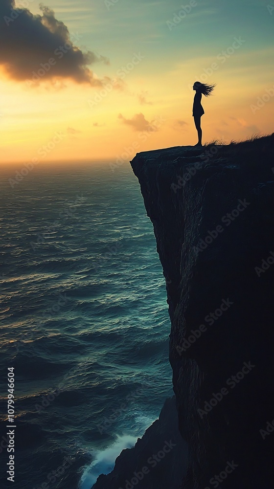 Silhouetted figure standing on cliff s edge at sunset conveying infinite freedom Silhouetted figure standing on cliff s edge at sunset conveying infinite freedom