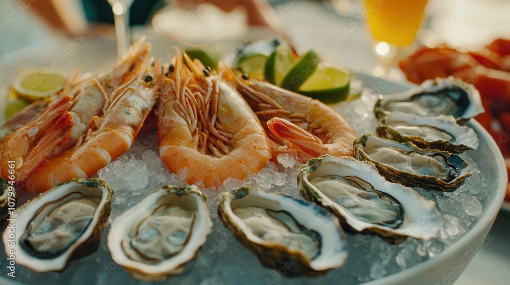 Fresh Seafood Platter with Shrimps, Oysters, and Lime Slices Perfectly Arranged on Ice for Gourmet Dining Experience during Summer Gathering Fresh Seafood Platter with Shrimps, Oysters, and Lime Slices Perfectly Arranged on Ice for Gourmet Dining Experience during Summer Gathering