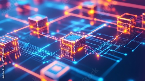 A digital rendering of blockchain data flowing through transparent cubes, interconnected in a glowing grid, blokchain. chip