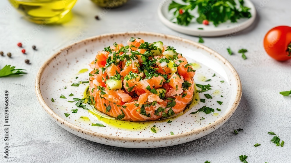 Fresh Salmon Tartare with Diced Tomato, Cucumber, and Herbs on a White Plate, Drizzled with Olive Oil and Garnished with Fresh Parsley Fresh Salmon Tartare with Diced Tomato, Cucumber, and Herbs on a White Plate, Drizzled with Olive Oil and Garnished with Fresh Parsley