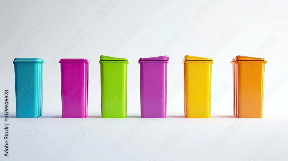 Colorful Trash Bins in a Row, Vibrant Trash Cans Displayed Against a Minimalist Background for Waste Management Concepts and Recycling Awareness Colorful Trash Bins in a Row, Vibrant Trash Cans Displayed Against a Minimalist Background for Waste Management Concepts and Recycling Awareness