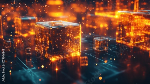 A digital rendering of blockchain data flowing through transparent cubes, interconnected in a glowing grid, blokchain. chip photo