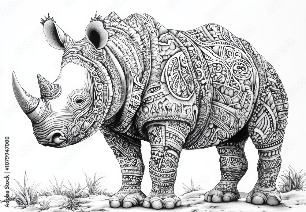 An intricately designed rhino illustration showcasing detailed patterns, merging wildlife with artistic flair. An intricately designed rhino illustration showcasing detailed patterns, merging wildlife with artistic flair.