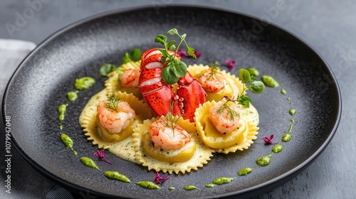 Exquisite Gourmet Lobster Ravioli Dish Decorated with Shrimp and Vibrant Green Sauce for Upscale Dining Experience in Fine Restaurant Setting