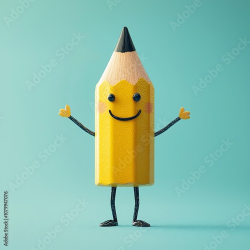 Adorable cartoon pencil character writing its own story, happy face, tiny arms and legs, school supplies theme, whimsical art style photo