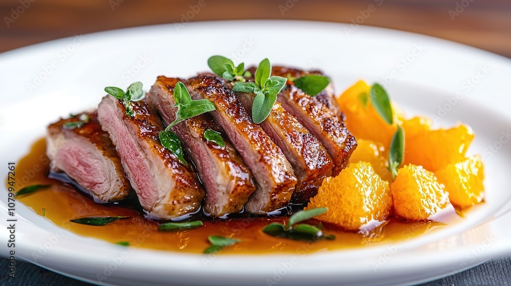 Savory Duck Breast Served with Citrus Segments and Herbal Garnish on a White Plate, Showcasing Gourmet Presentation and Culinary Elegance in a Restaurant Setting Savory Duck Breast Served with Citrus Segments and Herbal Garnish on a White Plate, Showcasing Gourmet Presentation and Culinary Elegance in a Restaurant Setting