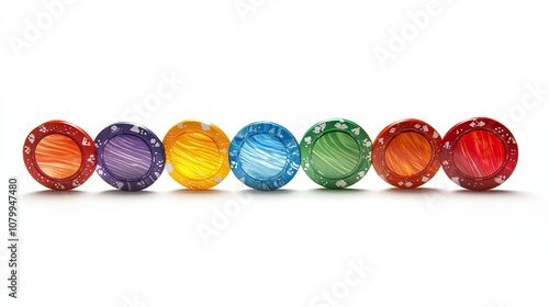 Colorful Casino Chips in a Row Displaying Various Vibrant Shades for Gaming, Gambling, and Casino-Themed Projects